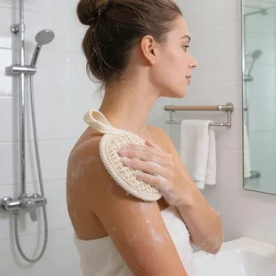 Produktbild von Badeschwamm, Peelingschwamm und Luffa-Schwamm aus Baumwolle und Leinen mit abnehmbarem Schwamm, Aufhängeöse und abwaschbarem Waschhandschuh für Gesicht und Körper