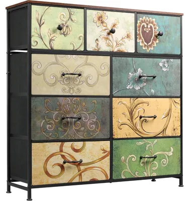 Produktbild von Kommode - Aufbewahrungsschrank mit 9 Stoffschubladen - Holzplatte - Metallrahmen - TV-Schrank für das Wohnzimmer - 100 x 30 x 100 cm