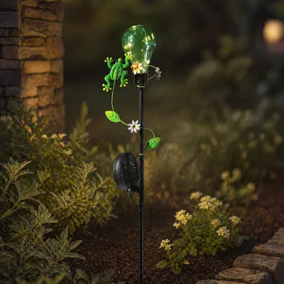 Produktbild von LED Solar Gartenstecker Glühbirne mit Frosch - 5 warmweiße LED - H: 84cm - Lichtsensor