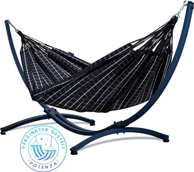 Produktbild von Potenza Outdoor Catargo Hängematte mit Verzinkter Gestell für 2 Personen I 100% Baumwolle Doppelhängematte XXL 220x160, 220kg I Hängemattengestell 220kg, wetterfest