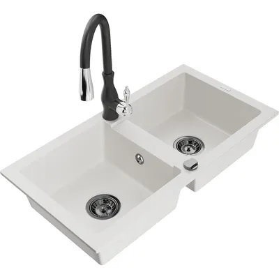 Obrázek produktu pro Mexen Mario 2-miskový granitový dřez s kuchyňskou baterií Savita, Bílá - 6504-20-672601-70