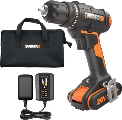 A cordless drill, charger, and carrying bag are displayed against a white background.
