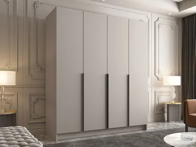 A bedroom scene featuring a large wardrobe, bedside tables with lamps, and a rug.