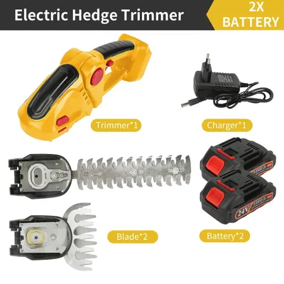 Zdjęcie produktu dla Nożyce do żywopłotów i trymer do trawy 2 w 1 - bezprzewodowe nożyce ogrodowe 21V - elektryczny obcinacz krzewów i trawy - z 2 akumulatorami - kolor żółty