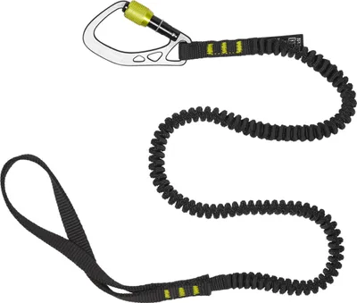 Slinger Leash von Black Diamond; elastisches Sicherungsband mit Karabiner; schwarz mit grünen Akzenten.
