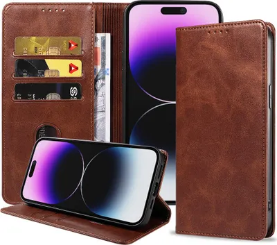 Zdjęcie produktu dla Skórzane etui Smartphonica na iPhone'a 14 Pro Max z magnetycznym zamknięciem i kieszonkami na karty - ciemnobrązowe