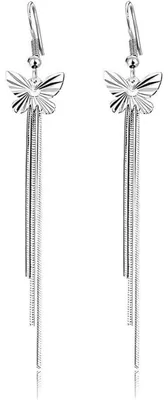 Immagine prodotto di Orecchini pendenti in argento sterling 925, con lunga frangia, modello a goccia, catena a serpente, chiusura a gancio, con decorazioni a farfalla e zirconi, lunghezza 8,3 cm