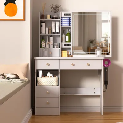 Produktbild von Schminktisch mit LED-Beleuchtung, Frisiertisch mit Spiegel, Schmuckschrank, Steckdosenleiste, 90 x 40 x 135 cm, Kosmetiktisch mit Schubladen