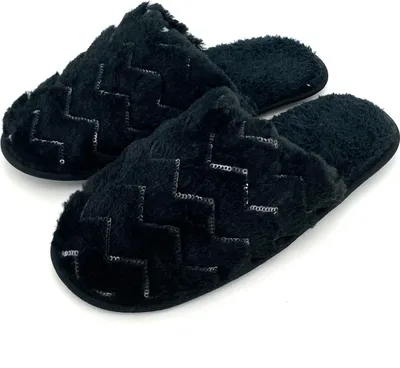 Produktbild von heimtexland ® Plüsch Pantoffeln Pailletten Schlappen Glitzer Damen Hausschuhe Cosy Typ779 Schwarz 39