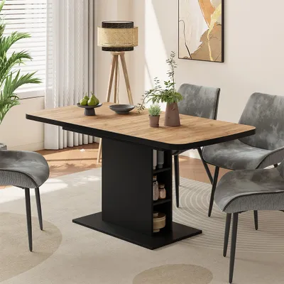 A dining table with chairs in a well-lit room.