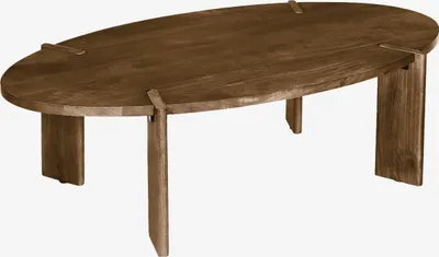 A wooden oval coffee table on a white background.