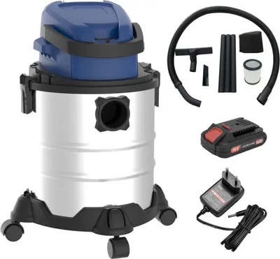 A cordless wet and dry vacuum cleaner with accessories, battery, and charger, displayed against a white background.