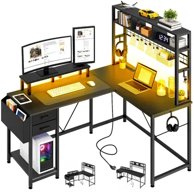 Produktbild von L-förmige Schreibtisch 150cm Eckschreibtisch, mit LED, Steckdosen, Regal, Schubladen, Computertisch, Schwarz