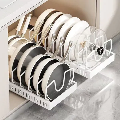 Productafbeelding van Set van 2 uittrekbare potten en pannen-organizer met 8 verstelbare scheidingswanden 21x42x3,2 cm