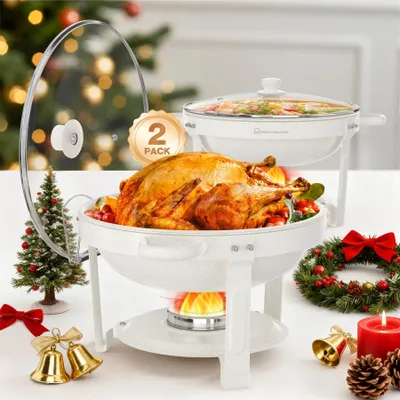 Produktbild von WARMOUNTS 2er-Set weiße Chafing Dishes für Buffets mit Glasdeckel (5 QT, 2/4er-Pack), Maifanit-beschichtetes rundes Chafing Dish Set