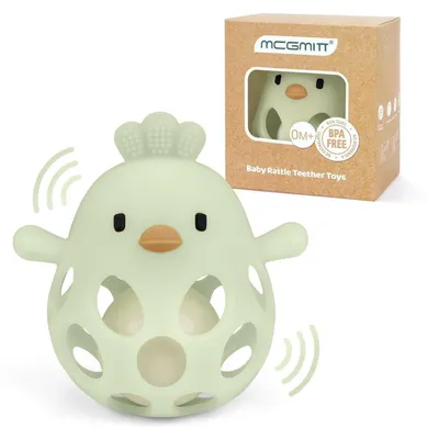 Immagine prodotto di Anello mordicchio in silicone per bambini, con sonaglio a forma di pulcino, senza BPA, colore verde, adatto dai 3 ai 18 mesi