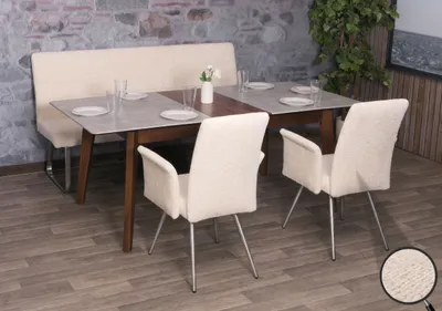 Produktbild von Esszimmer-Set MCW-G55, 2er-Set Stuhl mit Armlehne+Sitzbank 180cm, Edelstahl gebürstet Stoff/Textil Chenille  creme