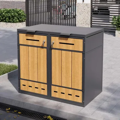 Zdjęcie produktu dla Zamykany schowek na pojemniki na śmieci z wentylacją i miejscem na cztery pojemniki, podwójne drzwi, odpowiedni dla pojemników o pojemności 120–240 litrów.