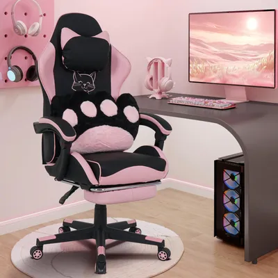Produktbild von Puluomis Gaming Stuhl mit Fußstütze, Bürostuhl Chefsessel Schreibtischstuhl Racing Stuhl ergonomisch drehbar höhenverstellbar Katze Schwarz Pink