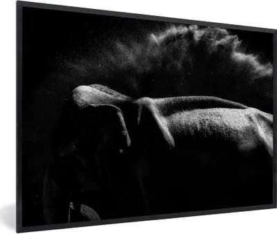 Produktbild von MuchoWow® Gerahmtes Poster Elefant abschütteln Schlamm auf schwarzem Hintergrund - schwarz und weiß 90x60 cm - Poster mit Schwarzem Bilderrahmen Wandposter Rahmen Foto Bilder - Fotorahmen - Foto-Plakat