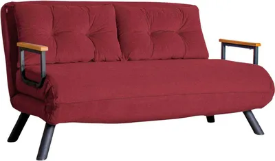 A red sofa bed with black legs and wooden armrests is shown against a white background.