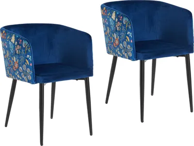 Two blue upholstered chairs with a floral pattern on the sides, set against a white background.