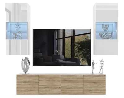 Produktbild von BELINI Wohnwand MILANO 7 Wohnzimmer 200 cm - Weiß/Sonoma Eiche, Moderne Schrankwand Set, Anbauwand TV-Schrank Griffloses System