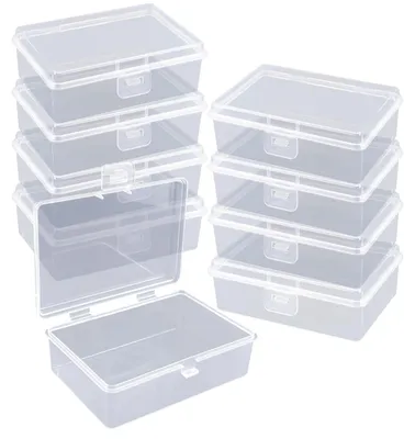 Produktbild von Set mit 9 kleinen Aufbewahrungsboxen mit Deckel, 9,8 × 6,8 × 3,4 cm. Kleine, transparente Verpackungsboxen aus Kunststoff mit Klappdeckeln für Perlen, Schaumstoff, Basismaterialien und Kleinteile.