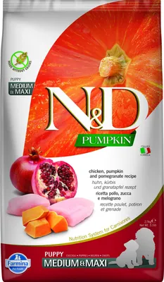 Obrázok produktu pre Farmina Pet Food N&D Pumpkin, Šteňa, Veľké (26 až 44 kg), Stredné (11 - 25 kg), Kuracie mäso, Granátové jablko, Tekvica, 2,5 kg