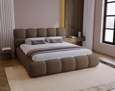 Image de Lit rembourré BESILIO 160 x 200 Bouclé Boston – Lit avec coffre de rangement et sommier à lattes, lit moderne avec espace de rangement en mousse épaisse – Marron