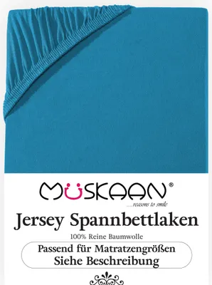 Produktbild von Müskaan Jersey Spannbettlaken 180x200 - 200x200 cm petrol bis 22cm Matratzenhöhe Gummizug Bettlaken 100% Baumwolle