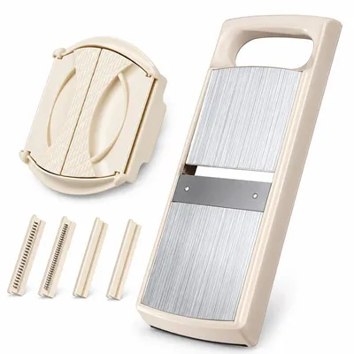 Produktbild von Mandoline Gemüseschneider mit 4 Edelstahl Klingen, Gemüsehobel für Scheiben und Julienne-Streifen, mit Fingerschutz, BPA-frei, Küchenhelfer