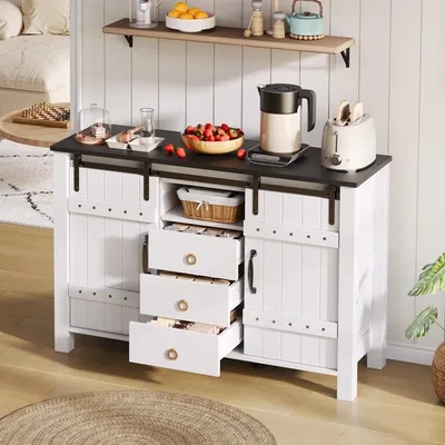 Produktbild von Sideboard Kommode Anrichte mit Schiebetüren & 3 Schubladen Landhaus-Stil MDF-Holz-Optik 120x40x80 cm Weiß Küchenschrank Beistellschrank Kaffeebar