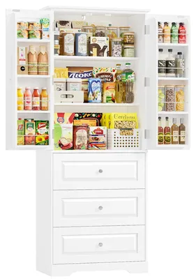 Image de Armoire de cuisine - Armoire haute de rangement - 2 portes, 3 tiroirs - Étagères réglables - MDF - 60 x 40 x 150 cm - Blanc