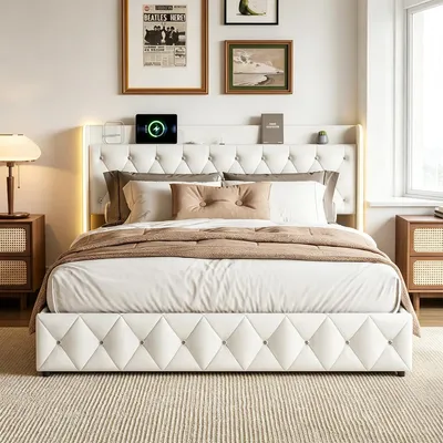 Produktbild von INONEFT Boxspringbett 140x200cm mit LED und USB/C, Polsterbett doppelbett mit hydraulik stauraum, Jugendbett,Bettgestell, Samt,Beige