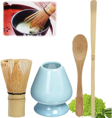 Produktbild von Matcha Teezeremonie Set, 4-teilig, inkl. Matcha-Schneebesen, 2 Matcha-Löffeln, Teebesenhalter, Japanese Matcha Tea Set, Blau