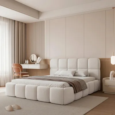 Obrázek produktu pro Čalouněná postel CERETTO 140x200, bílá bouclé, s úložným prostorem a roštem