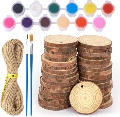 Produktbild von Holzscheiben 36 Stück 5-6 cm Durchmesser mit Löchern und 10m Hanfseil
