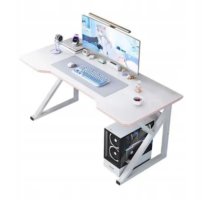 A white gaming computer desk with a computer tower, monitor, keyboard, and mouse.