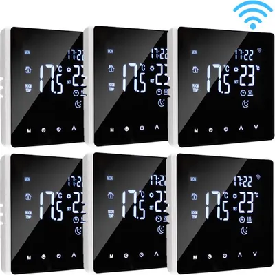 A grid of six smart thermostats with digital displays.