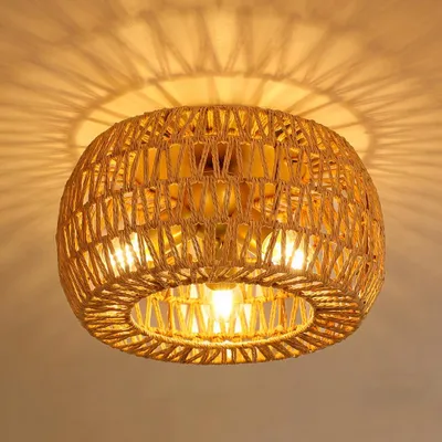 Produktbild von Deckenleuchten Rattan Ø35cm LED Deckenlampe Wohnzimmer Schlafzimmer, Boho Lampe Decke 3-flammige Küchenlampe Vintage Küche Flur Esstisch Zimmer Lampe