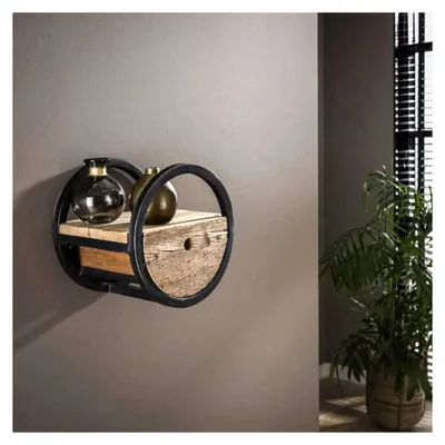Produktbild von Rundes Regal aus Metall und Massivholz mit Schublade, Hängende Kommode aus Hartholz und Metallrahmen, Wandregal für Blumentöpfe mit Stauraum, Küchenregal Rund, Designer Wandregal Rund