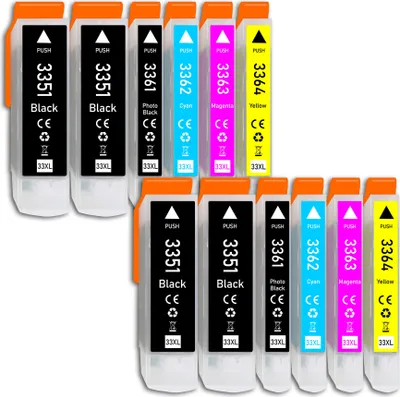 A collection of ink cartridges arranged in two rows against a white background.