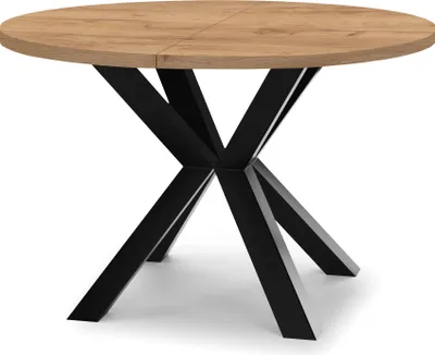 Zdjęcie produktu dla Okrągły rozkładany stół do jadalni RAL z drewnianymi nogami, styl loft, industrialny, średnica: 90 / 140 cm, kolor: dąb craft złoty / czarny