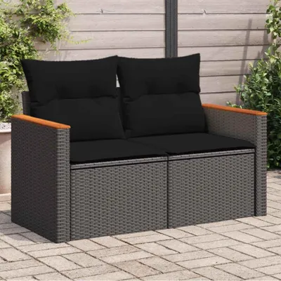Image de vidaXL Canapé de jardin avec coussins 2 places noir poly rotin