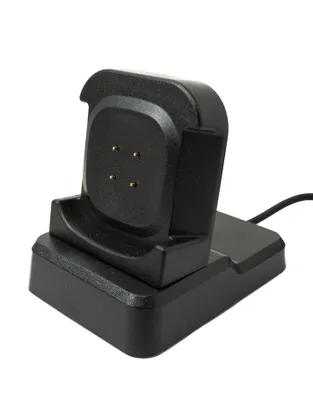 A black smartwatch charging dock is shown against a white background.