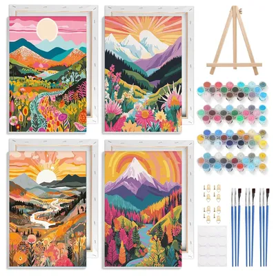 Imagen del producto de Kit de pintura de paisajes, de 4 piezas, con marcos de madera, para pintar tú mismo, ideal para adultos y niños