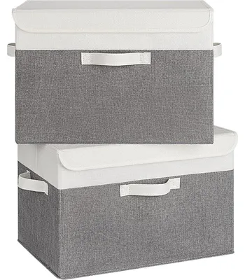 Immagine prodotto di Scatole contenitore con coperchio, 2 pezzi, in tessuto, pieghevoli, colore bianco e grigio, dimensioni 43x30x29 cm