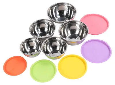 Image de Lot de 5 bols à mélanger avec couvercles en acier inoxydable, empilables, pour la pâtisserie, la cuisine, la préparation et le service