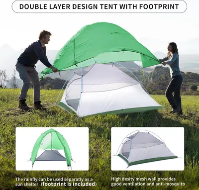 Image de Tente - Polyester - 2 personnes - Tente ultralégère - Portable - Verte - 1,7 kg